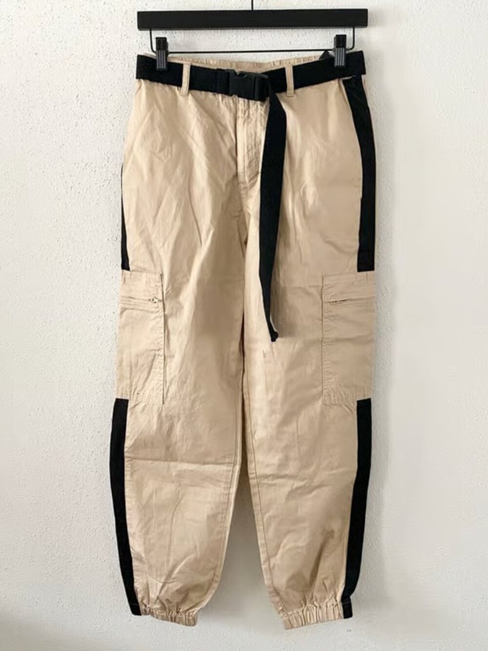 FOREVER 21 Women's sz XS Khaki High Rise Side Striped Belted Jogger Cargo Pants